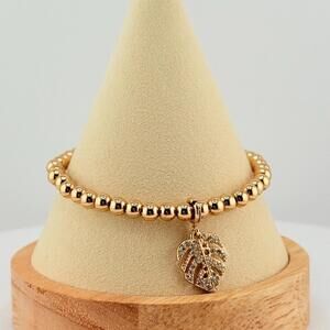 Bomb Party Stretchy Beaded Single Bracelet - Palm Leaf on Yellow Gold